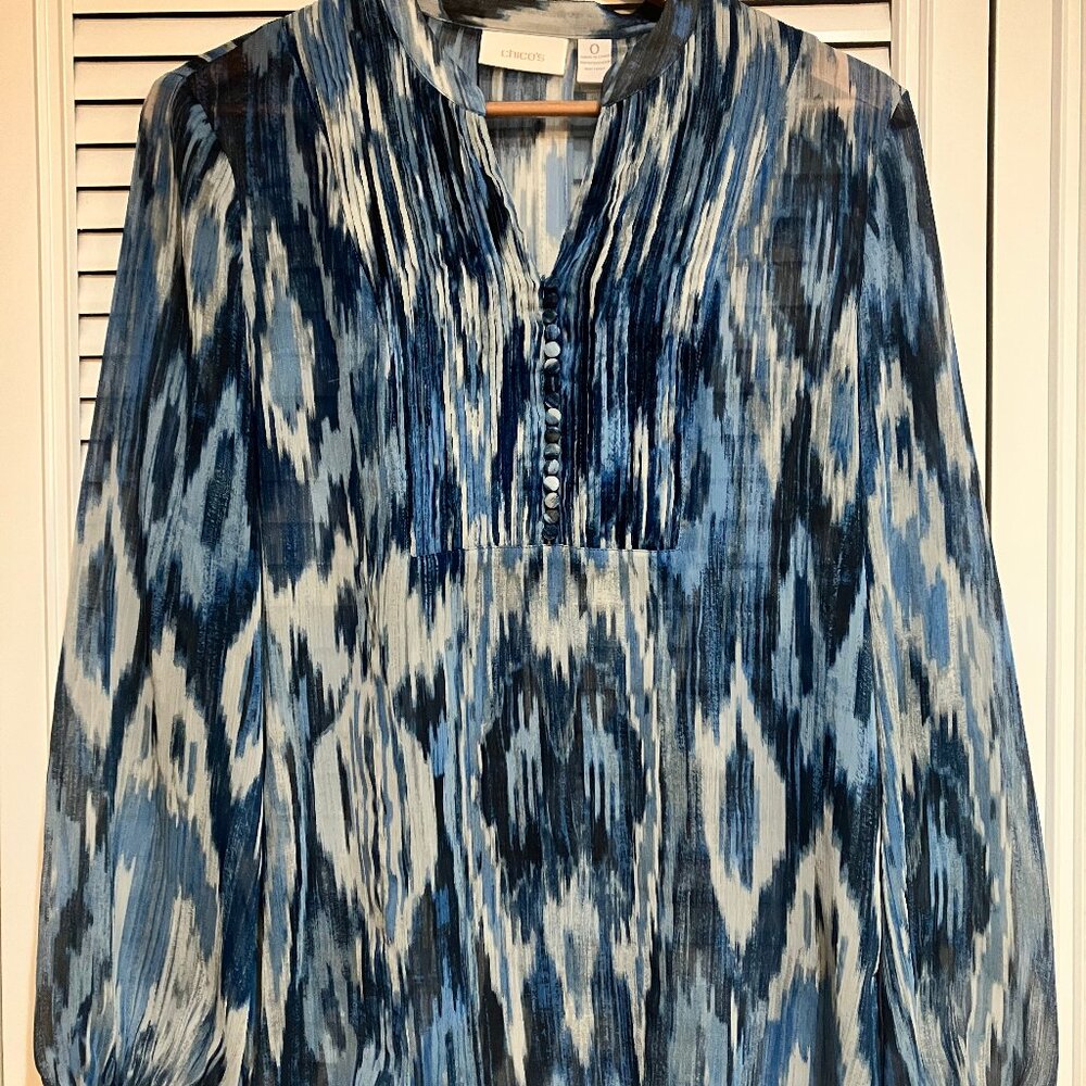 Chicos Blue Ikat Abstract Blouse